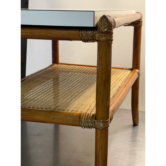 Pair of 1970s Mid-Century Modern Rattan & Cane End Tables With White Laminate Tops For Sale In Nantucket - Image 6 of 10