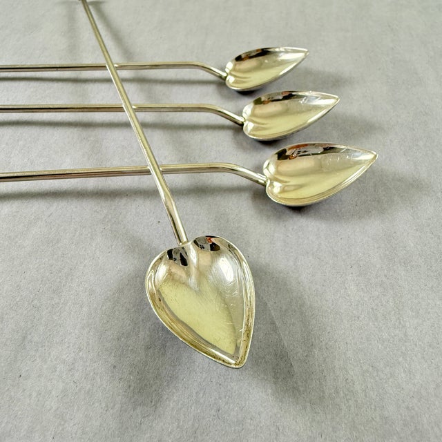 Art Deco Sterling Silver Highball or Iced Tea Heart Leaf Bowl Stirring Straws, Set of 4 For Sale - Image 3 of 11