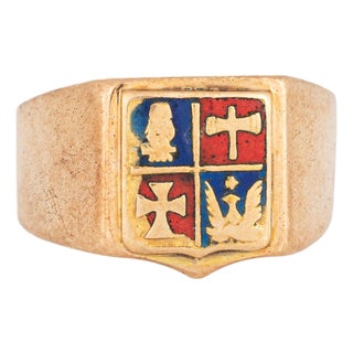 Vintage Art Deco Heraldic Ring 14k Rose Gold Enamel Band Family Crest Signet, Size 8.5 For Sale