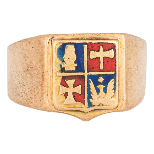 Vintage Art Deco Heraldic Ring 14k Rose Gold Enamel Band Family Crest Signet, Size 8.5 For Sale