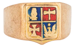 Vintage Art Deco Heraldic Ring 14k Rose Gold Enamel Band Family Crest Signet, Size 8.5