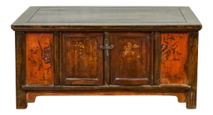 Chinese Qing 19th Century Coffee Table with Storage and Painted Floral Decor