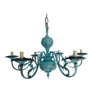 French Provençal 6-Light Chandelier in Robins Egg Decor Distress Finish For Sale
