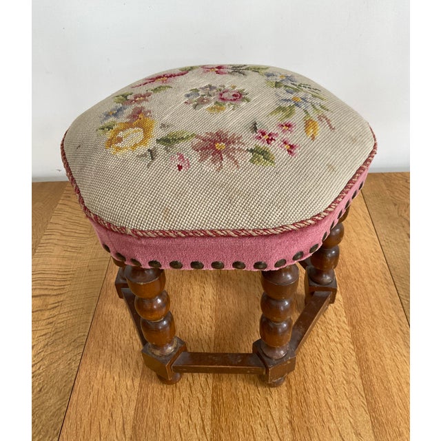 Mid-Century Modern Vintage Mid-Century Walnut Footstool With Floral Needlepoint Tapestry For Sale - Image 3 of 7