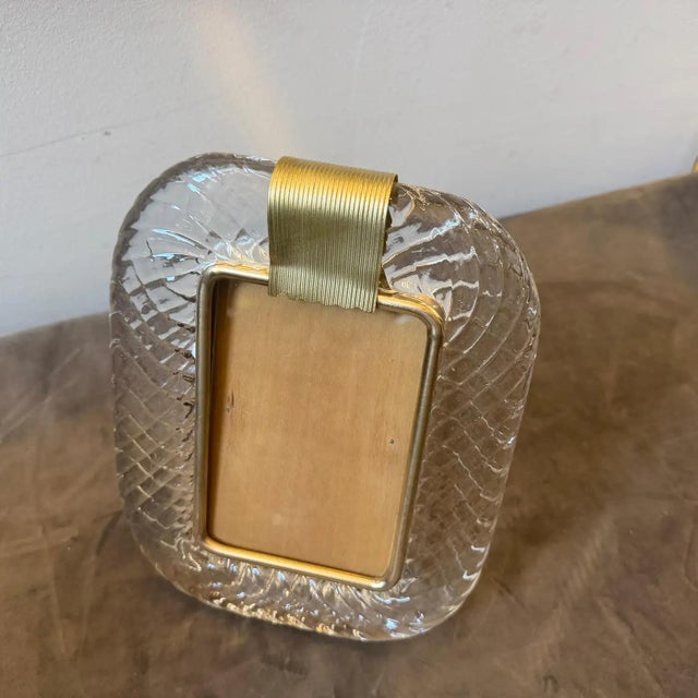1990s Barovier Style Art Deco Clear Murano Glass and Brass Picture Frame For Sale - Image 9 of 12