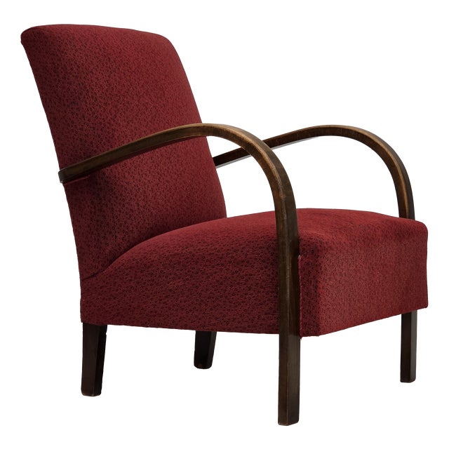 Art Deco Danish Armchair in Red Furniture Wool and Beech Wood, 1950s For Sale