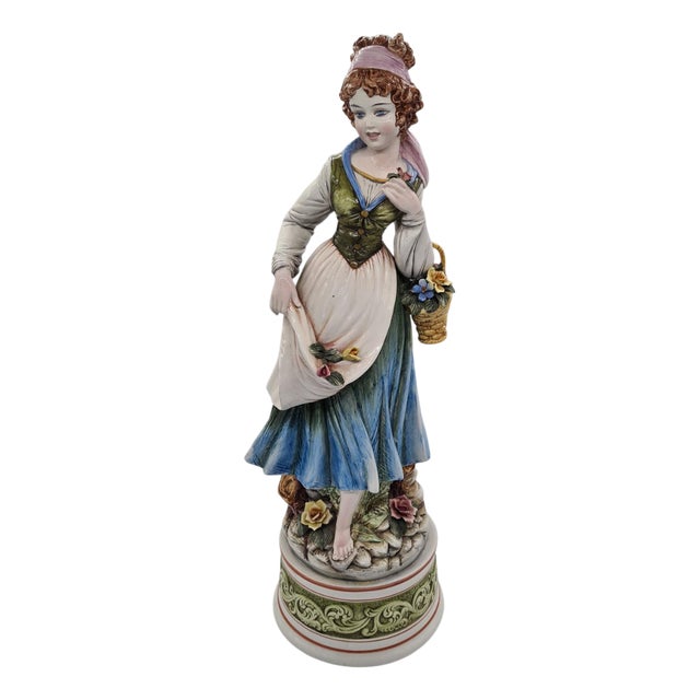 Figure of Woman Picking Flowers in Ceramic by D. Poloniato, 1980s For Sale