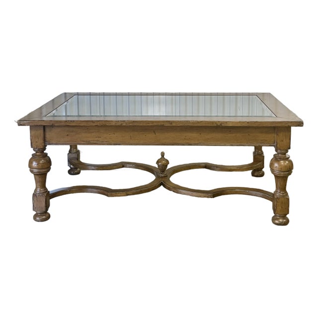 William and Mary Style Rustic Wood Glass Top Farmhouse Coffee Table For Sale