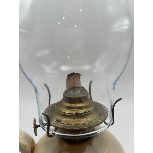 Ceramic Antique Blue & White Stoneware Oil Lamp With Glass Chimney For Sale - Image 7 of 10