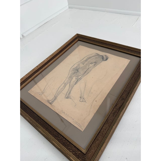 An academic charcoal study of a female model, likely created during a live drawing class in New York. Signed Hume Moris,...