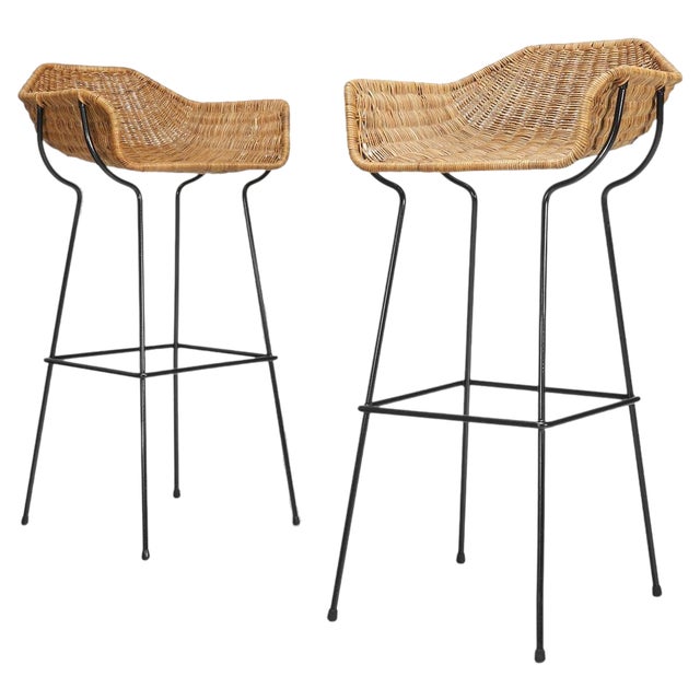 Set of Metal and Wicker Bucket Stools, 1950 For Sale