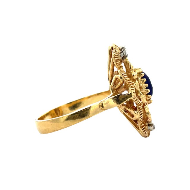 Mid 20th Century Antique 18k Yellow Gold Blue Enamel and Diamond Ring, Size 5.75 For Sale - Image 5 of 9