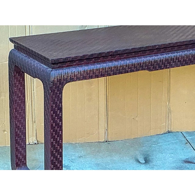 Asian Modern Grasscloth Wrapped Ming Style Console Tables Att. Baker Furniture For Sale In Atlanta - Image 6 of 12