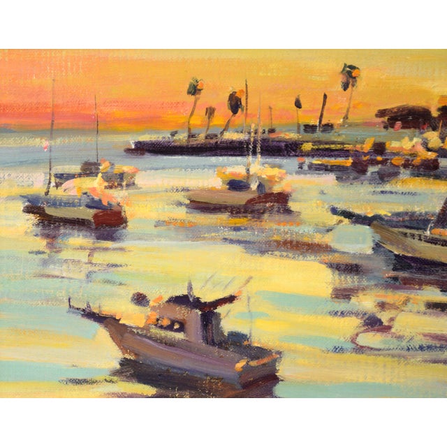 Late 20th Century "Santa Catalina Island Harbor" Seascape at Sunset in Oil on Artist's Panel by Gary Schildt For Sale - Image 5 of 9