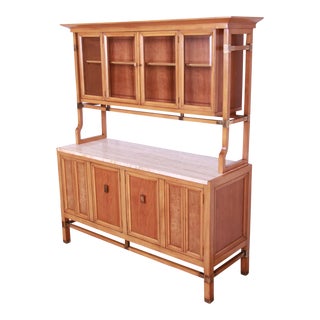 J. L. Metz Mid-Century Modern Sideboard or Bar Cabinet in Cherry, Burl, Travertine, and Brass For Sale