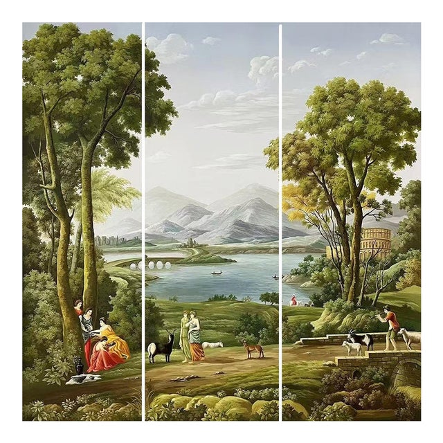 36" * H96" * 3ps, Classical Roman Bucolic Hand-Painted Pastoral Landscape Mural For Sale