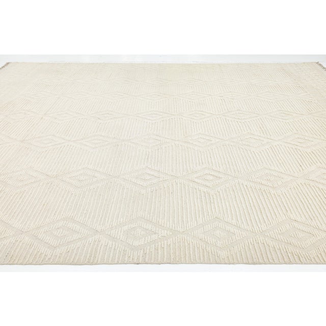Ivory Geometric Handmade Modern Moroccan Wool Area Rug For Sale - Image 10 of 10