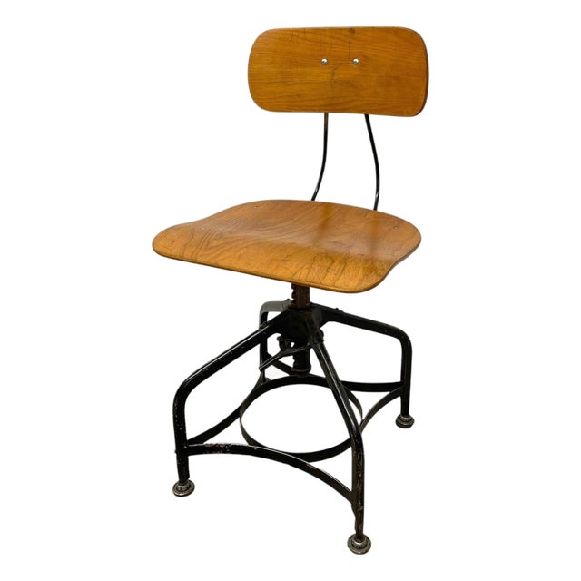 Vintage Industrial Adjustable Height Drafting Chair With Bentwood Seat For Sale