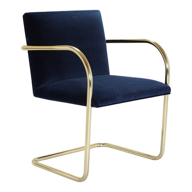 Brno Tubular Chairs in Navy Velvet, Polished Brass For Sale