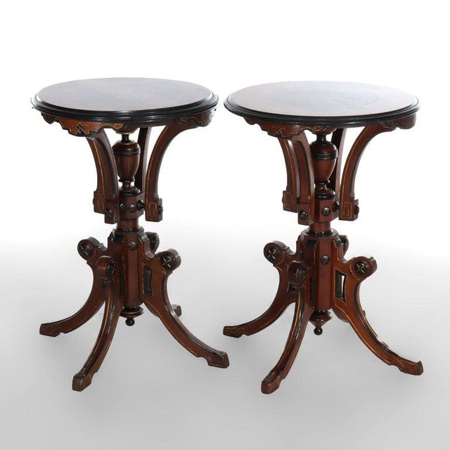Wood Pair Antique Renaissance Revival Ebonized & Inlaid Walnut & Burl Stands C1890 For Sale - Image 7 of 14