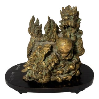 1930s Imperial Japanese Lacquer Base With Verdigris Dragon Sculpture Set For Sale