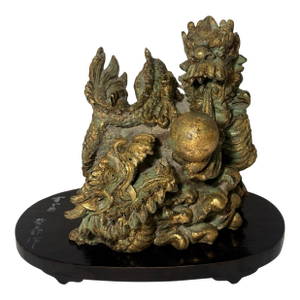 1930s Imperial Japanese Lacquer Base With Verdigris Dragon Sculpture Set