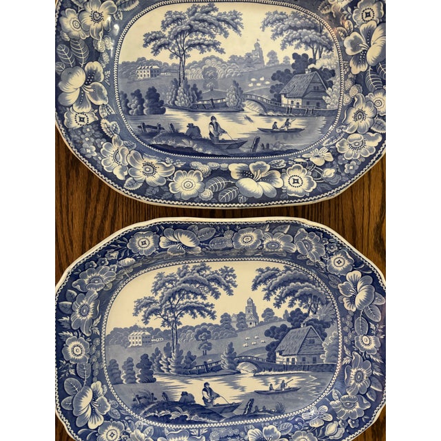 English 19th Century Pair of Staffordshire Wild Rose Blue and White Large Platters For Sale - Image 3 of 8