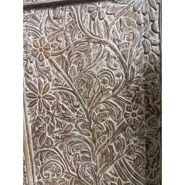 Brown Whitewashed Carved Wood Tree of Life Wall Panel – Rustic Floral Barn Door Art For Sale - Image 8 of 11