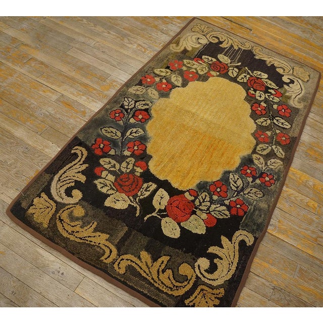 American 1930s Yellow Roses Medallion Antique American Hooked Rug 2' 8''x5' 0'' Handwoven Wool Carpet For Sale - Image 3 of 18