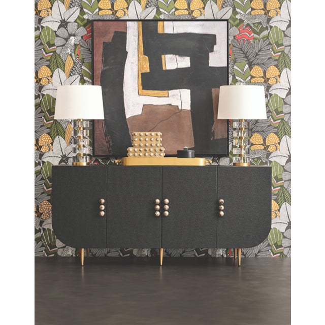 Metal Matthew Izzo Home Deluca Black Grasscloth Four Door Buffet With Stone Hardware For Sale - Image 7 of 8