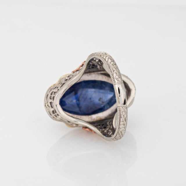 1930s Vintage Art Deco Ring Natural Ceylon Sapphire Enamel Cocktail 14k Gold Filigree, Size 5.25 For Sale - Image 5 of 7