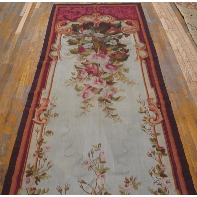 Antique European Tapestry Rug, size: 3'9" x 12'8". Antique Tapestry Hallway Runner Wool Ivory Rug, Circa Date: 1880s. This...