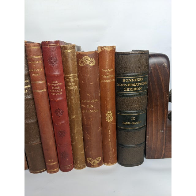 Antique Scandinavian Library Set of 7 – Brown, Burgundy & Cognac Leather Books For Sale - Image 12 of 16