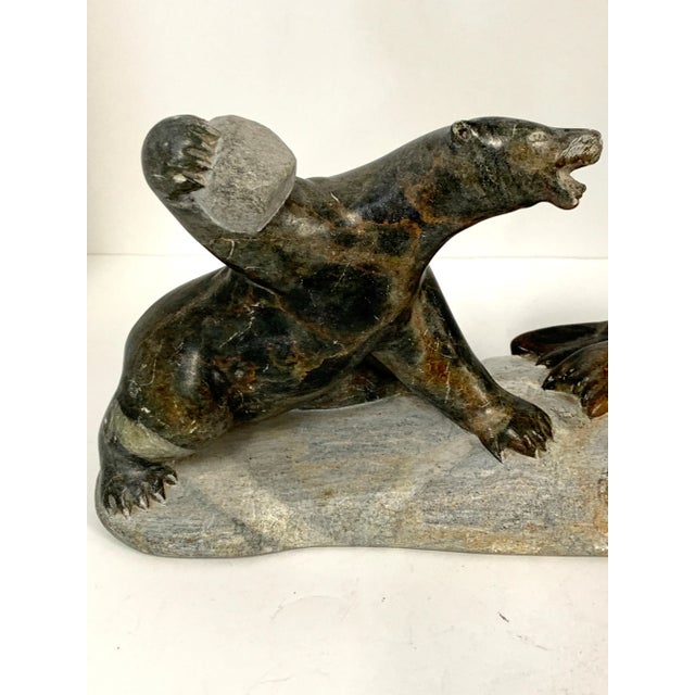 Black Mid 20th Century Soapstone Inuit Carving of Bear Attacking Walrus For Sale - Image 8 of 13