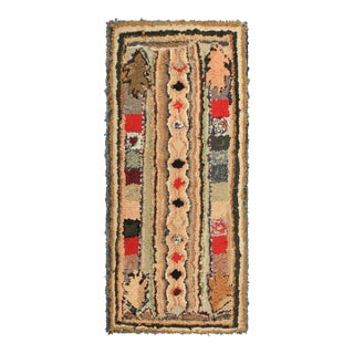 Antique Hooked Geometric Rug in Beige-Brown and Red Tones | Rug & Kilim For Sale