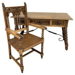 19th Century French Hand-Carved Oak Desk with Solomonic Legs and Armchair, Set of 2 For Sale
