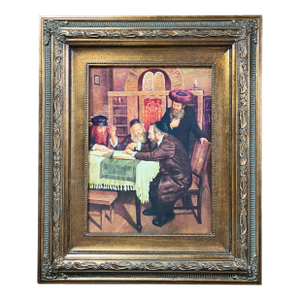 Judaica Art Oil Painting Portrait of a Group of Rabbi With Gold Gilt Wooden Frame