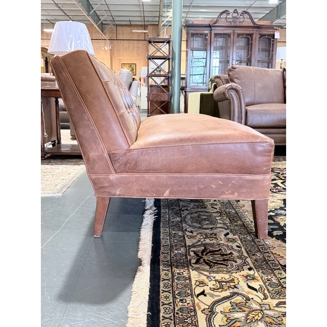 Mid-Century Modern Mitchell Gold + Bob Williams Tufted Brown Leather Bench Settee For Sale - Image 3 of 9