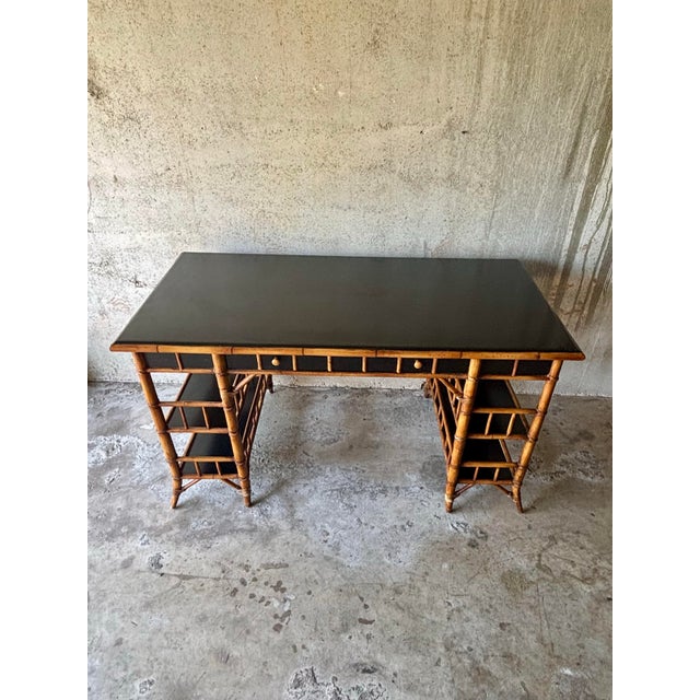 Baker Furniture Company Vintage Coastal Bamboo and Black Lacquer Desk by Milling Road for Baker For Sale - Image 4 of 10