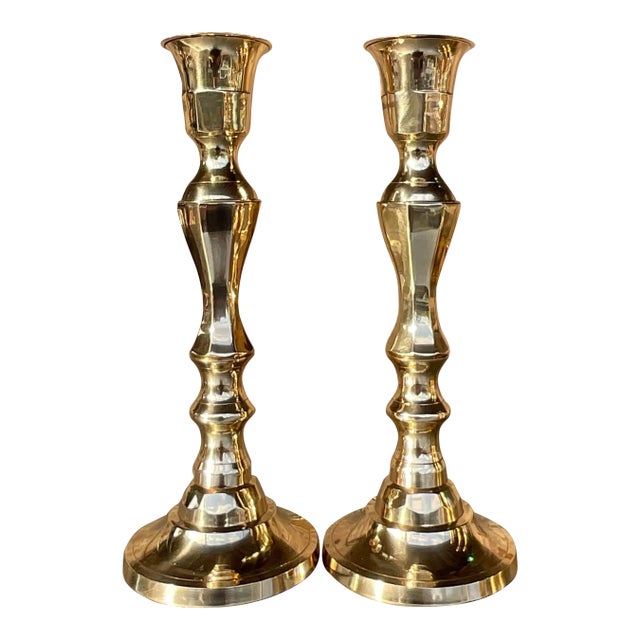 Vintage Regency Faceted Polished Brass Candlesticks - a Pair For Sale