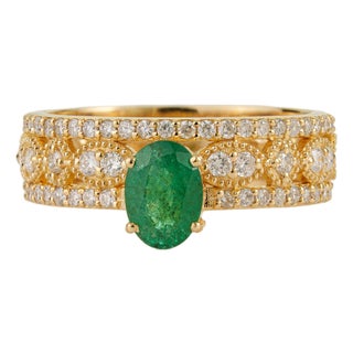 Oval Emerald & Diamond Vintage-Inspired Luxury Statement Ring in 18k Yellow Gold Size 5.5 For Sale