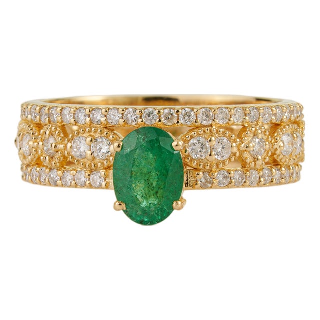 Oval Emerald & Diamond Vintage-Inspired Luxury Statement Ring in 18k Yellow Gold Size 5.5 For Sale