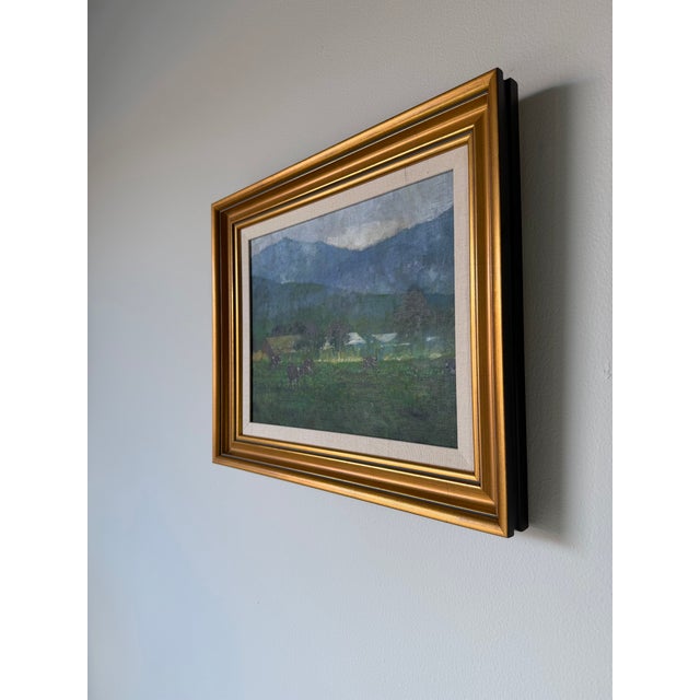 Vintage Farm Landscape Oil on Canvas Board Painting – Signed For Sale - Image 4 of 12