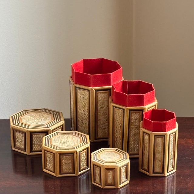 Wood 1960s Bamboo & Rattan Octagonal Nesting Boxes — Set of 3 For Sale - Image 7 of 17