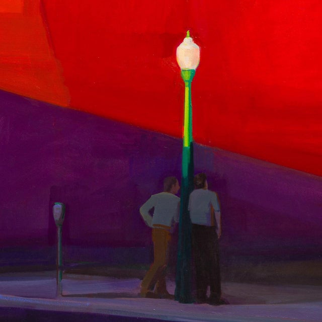 Contemporary Break by Hiroshi Sato | Oil on canvas Two figures standing near a brightly colored wall. For Sale - Image 3 of 5