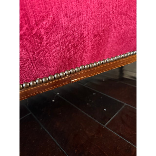 1990s Ruby Merlot 2p Import French Silk Velvet Fabric Vintage Settee Sofa + Bench Set For Sale - Image 5 of 12