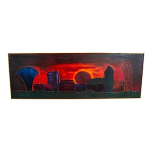 1970s Mid Century Modern Original Art Surrealist Landscape Sun Set Painting Original, Framed