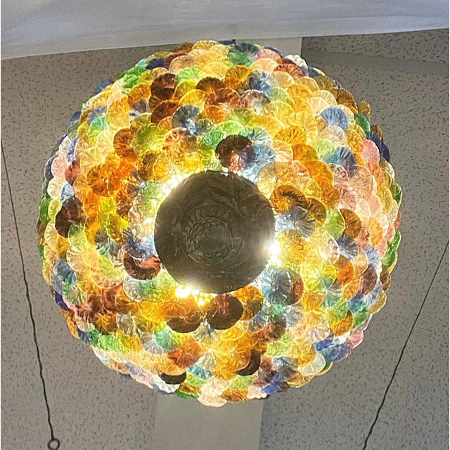 Art Deco Vintage Neoclassical Art Deco Murano Glass Multicolor Rosette Chandelier For Sale - Image 3 of 12