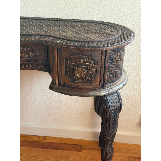 Brown Vintage Ornately Carved Wood Console Table With Basket-Weave Detailing For Sale - Image 8 of 10