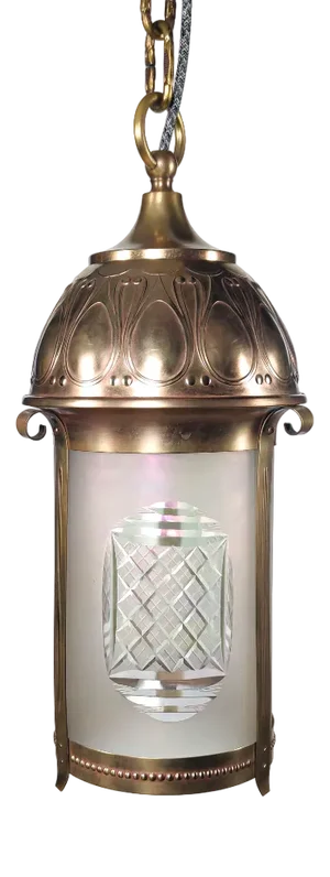 Antique Art Nouveau Dutch Brass and Cut Iridescent Glass Lantern Pendant Lamp, 1920s